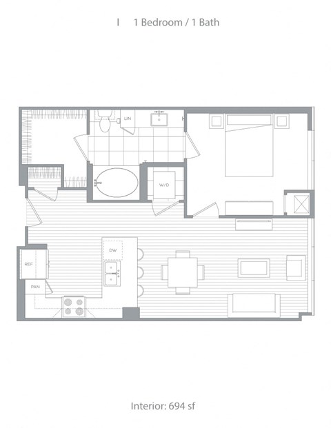 Floor plan for 1 bed, 1 bath, 694 sqft